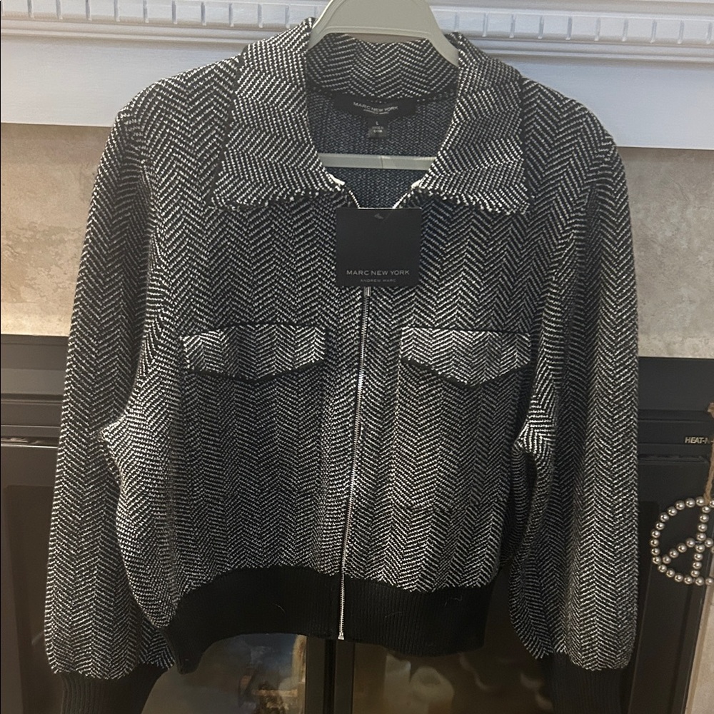 Marc New York Black and White Herringbone Zip Jacket
